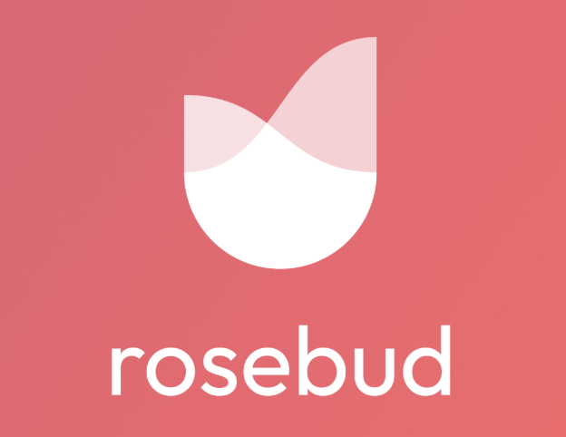 White rose and pale pink rose on a dark pink background with “Rosebud” written in white