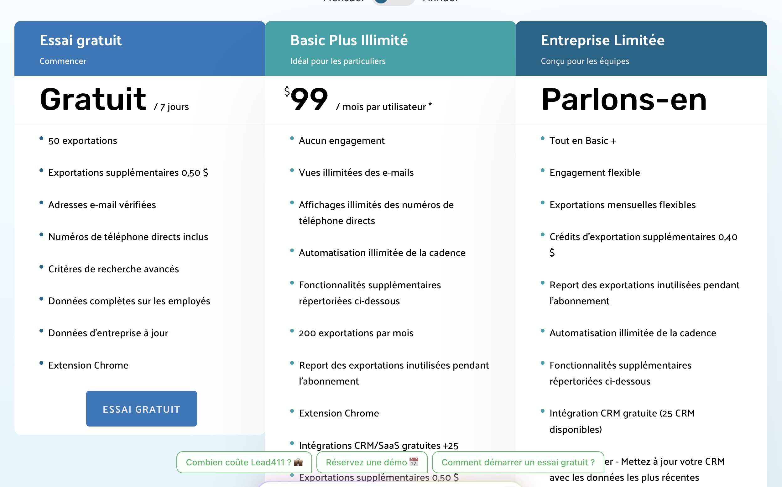 Palette de prix de Lead411