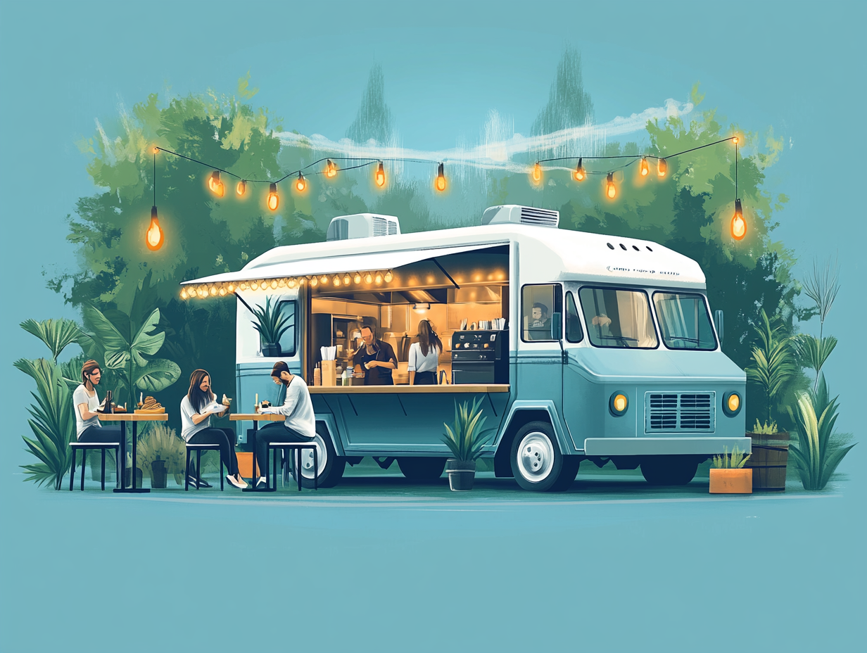 Illustration of a beautifully decorated food truck with lights, garlands, and people dining outside.
