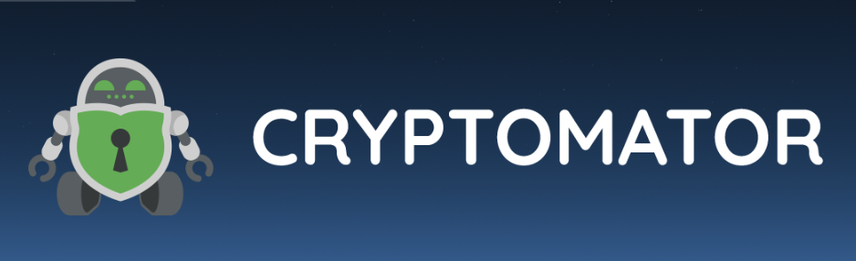 Small robot drawn and Cryptomator written in white on a blue background