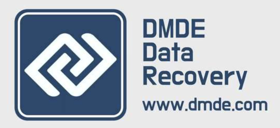 Blue and white square logo with DMDE Data Recovery written in blue on a white background