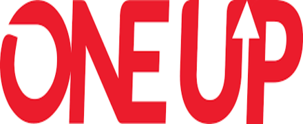 OneUp written in large red letters on a white background