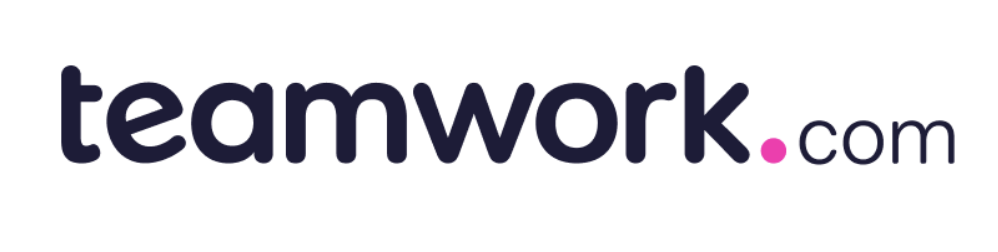 Teamwork written in black, the dot in pink, and com in black