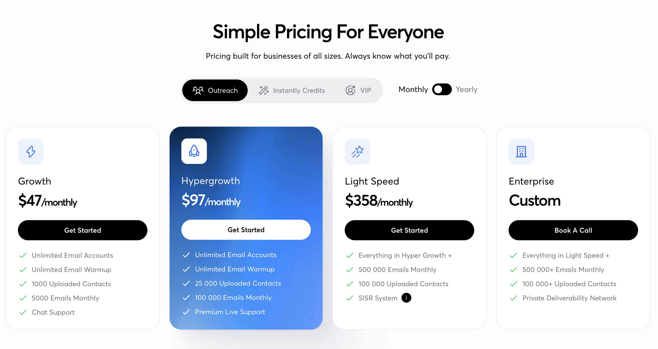 Capture D’écran des prix mensuels d'Instantly