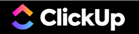 Multicolored logo and Clickup written in white on a black background