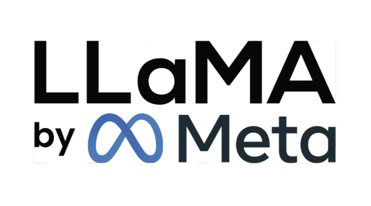 Llama by Meta written in black on a white background with a purple logo in the middle