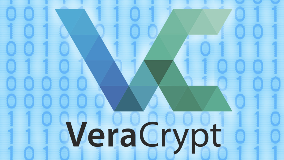 Large V and large C in blue and green, and VeraCrypt written in black underneath, all on a blue background with 0s and 1s.