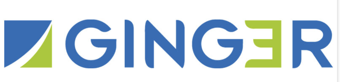 Ginger written in large blue and green letters on a white background
