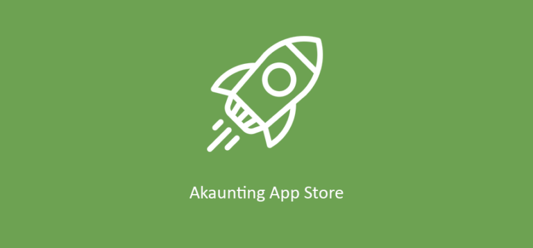Small white rocket with “Akaunting app store” written in white underneath, all on a green background.