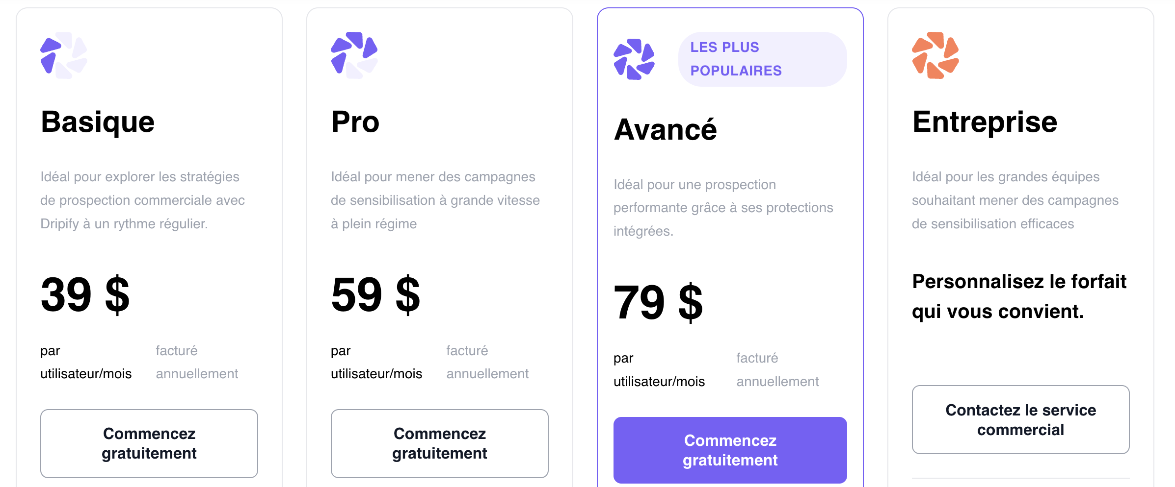 Capture d'ecran des Tarif de Dripify