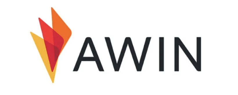 Three overlapping triangles colored red, yellow, and orange, with “Awin” written in black next to them, all on a white background.
