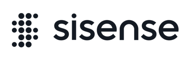 S-shaped logo made with dots and Sisense written in black, all on a white background