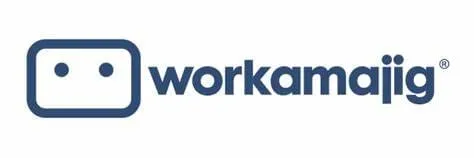 Workamajig is written in blue on a white background, and on the left there is a blue rectangle with two eyes.