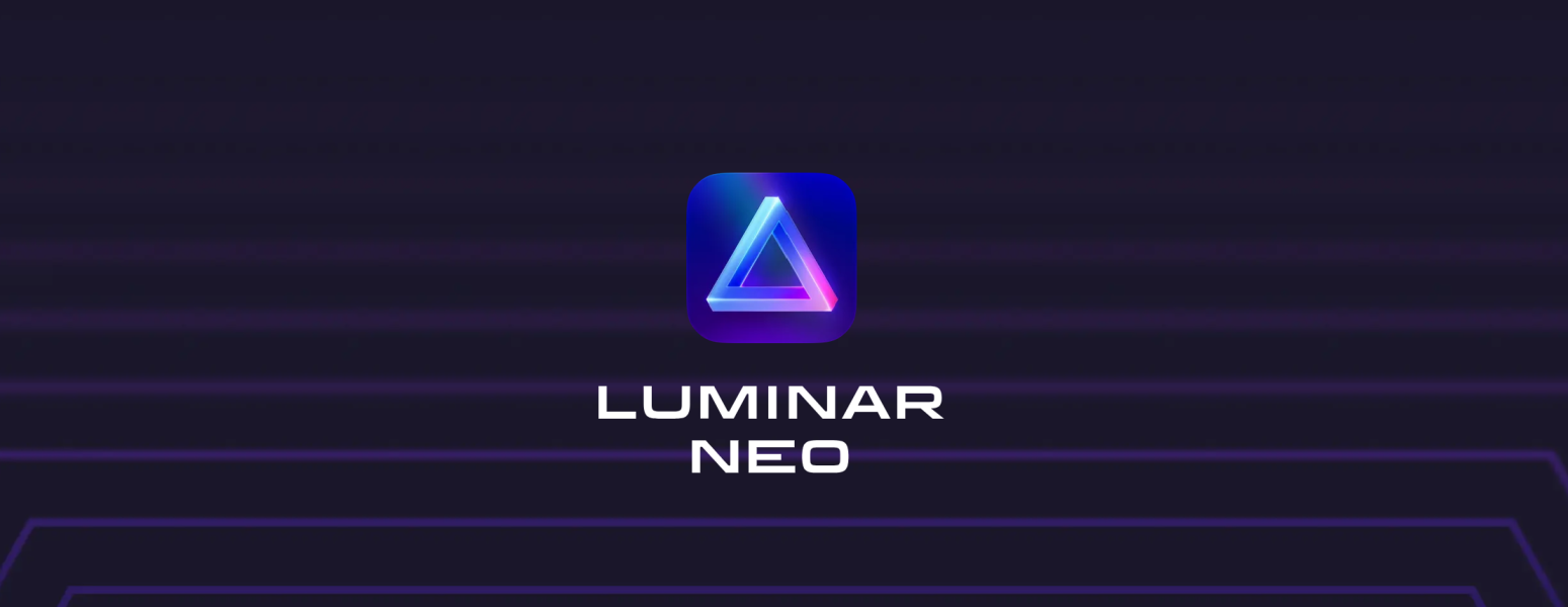 Luminar neo writes in white on a black background with purple neon lights and a multicolored triangle in the middle.