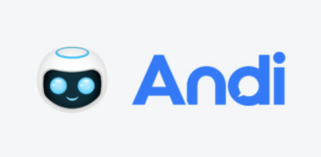 Small robot and Andi written in blue on a gray background