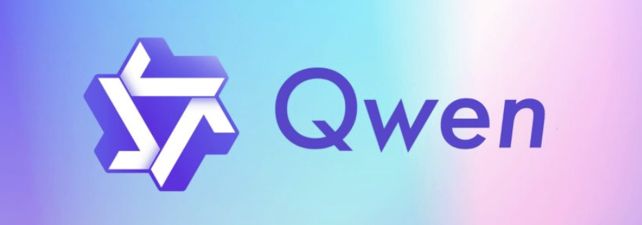 Qwen writes in purple on a gradient background of purple, blue, and pink.