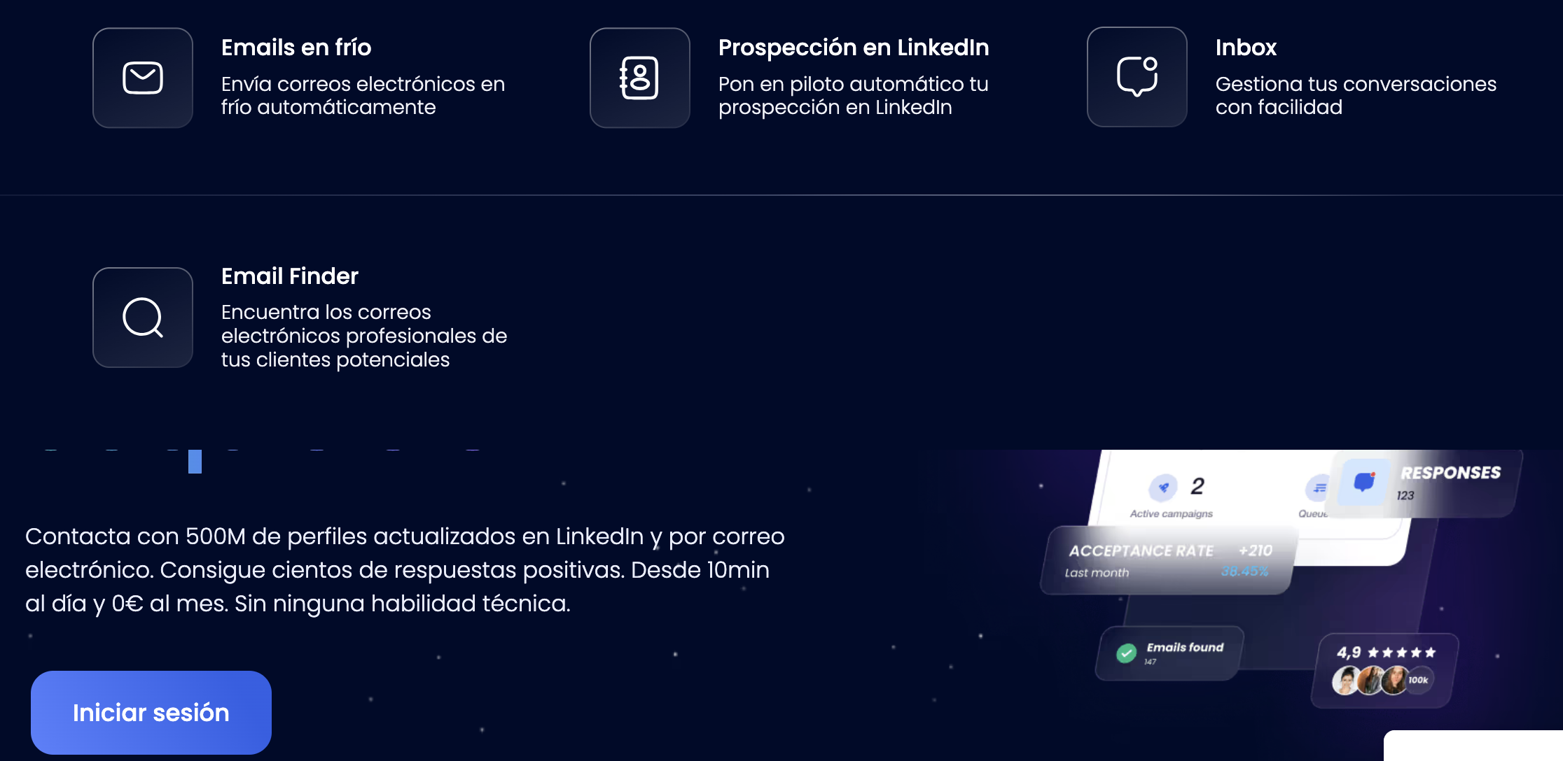 Captura de pantalla de la página web de Waalaxy con sus funciones clave.