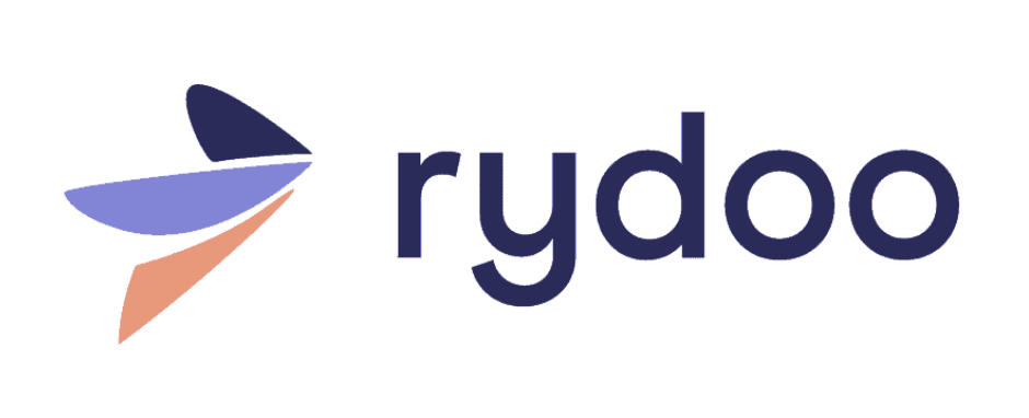 Rydoo is written in dark blue on a white background, with a wing-shaped logo on the left in three different colors (blue, purple, and coral).