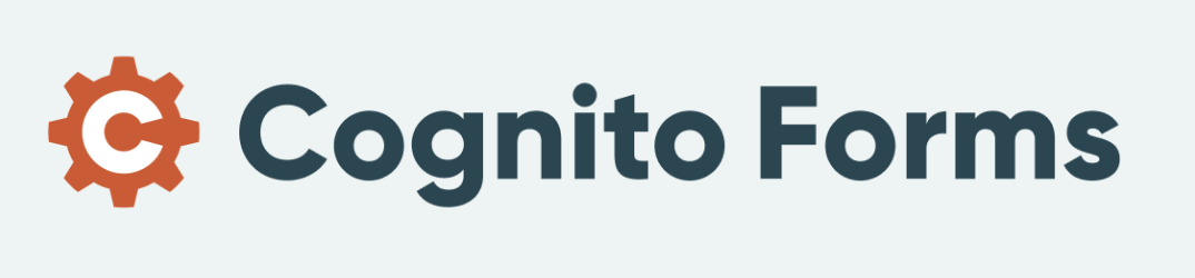 Cognito Forms is written in gray on a very light blue-green background with a white C next to it.