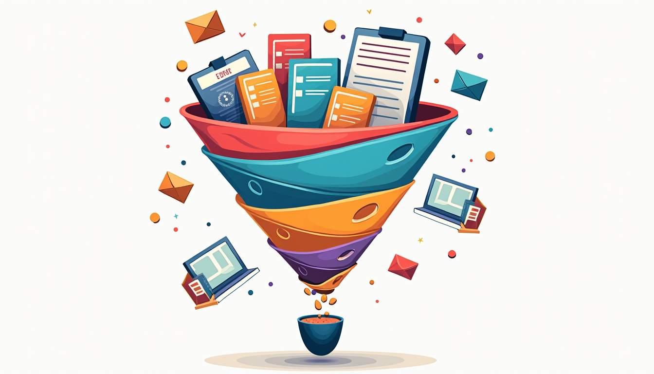 Drawing of a colorful funnel filled with index cards and notebooks.