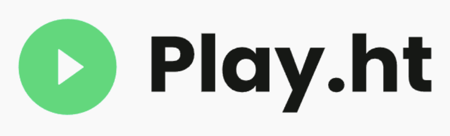Green circle with a white triangle inside representing (Play) and Play.ht written in black on a white background.
