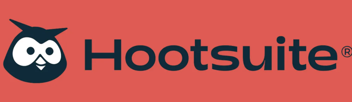 
Hootsuite is written in black on a red background with an owl's head next to it.