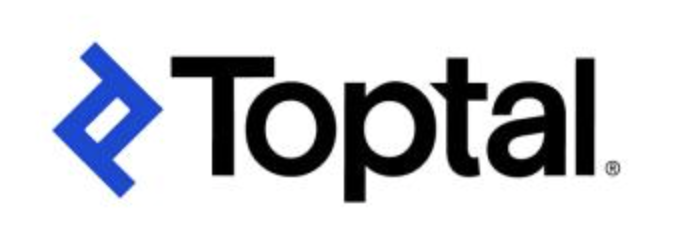 Blue logo and Toptal written in black on a white background