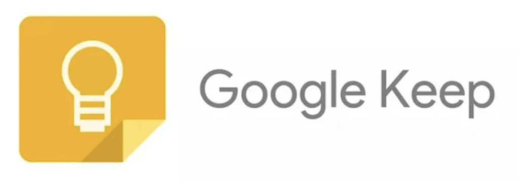 Google Keep written in gray on a white background with a white light bulb on a yellow background next to it.