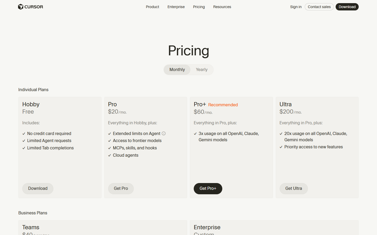 Cursor Pricing Plans 2026