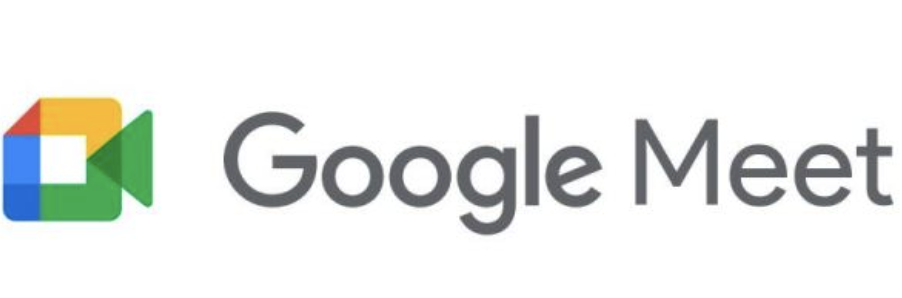 Small camera in green, blue, yellow, and red, with Google Meet written in gray next to it.