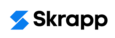 Electric blue logo and “skrapp” written in black on a white background.