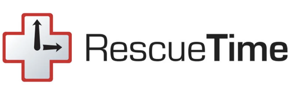 Rescue time written in black on a white background with a red and black clock next to it.
