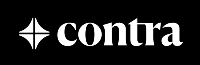Logo representing four white triangles that fit together and Contra e ris also in white, all on a black background.
