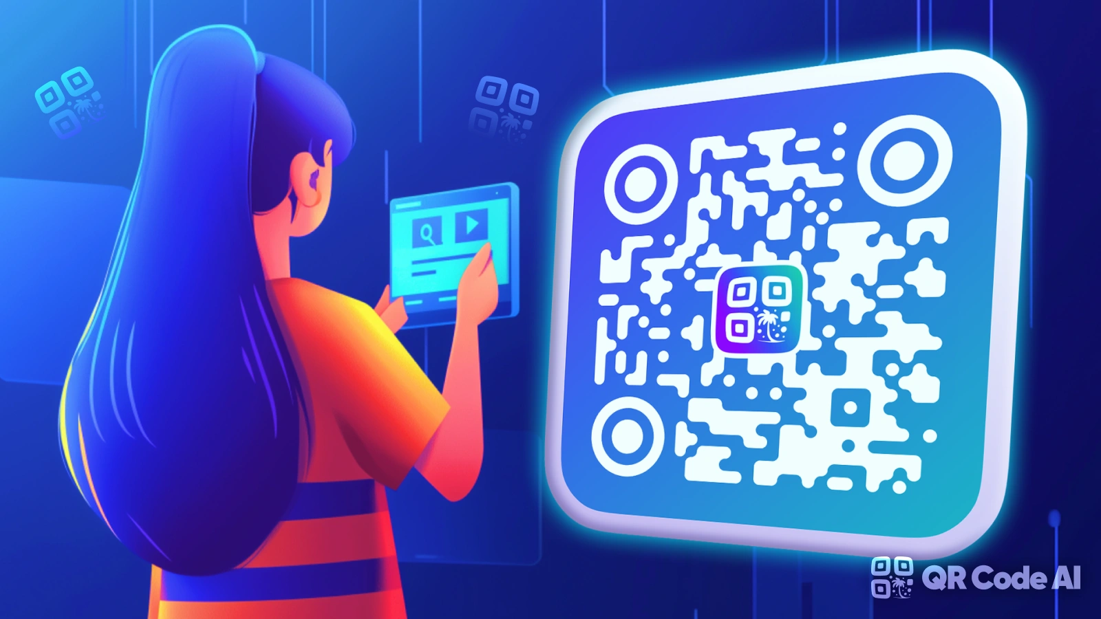 QR CODE AI.COM is written in small letters at the bottom right of a colorful drawing depicting a girl scanning a QR code.