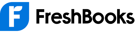 White F in a blue logo with Freshbooks written in black on a white background