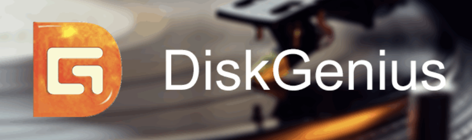 Orange logo with a G and Disk Genius written in white, all on a background where you can see a record player.