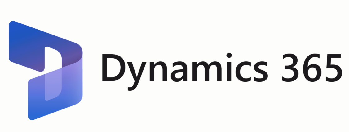 Dynamics 365 written in black on a white background with a purple logo next to it.