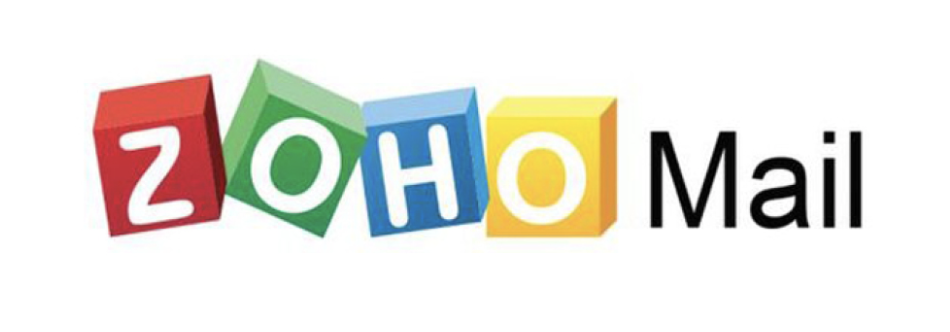 Chaque lettre de ZOHO est dans un cube soit rouge, vert, bleu ou jaune et mail écris en noir le tout sur fond blanc