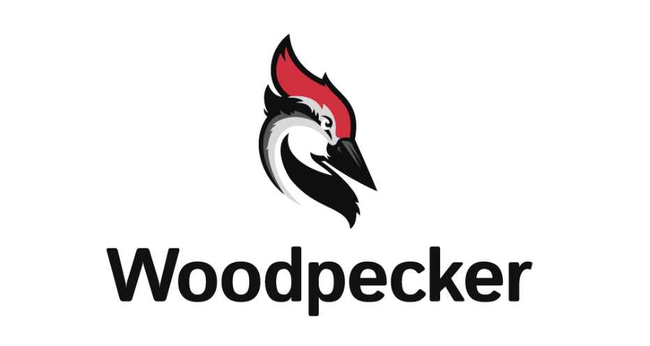 Woodpecker written in black with a bird's head above it, all on a white background.