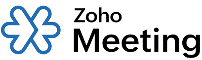 Logo with two blue arrows and Zoho Meeting written in black on a white background