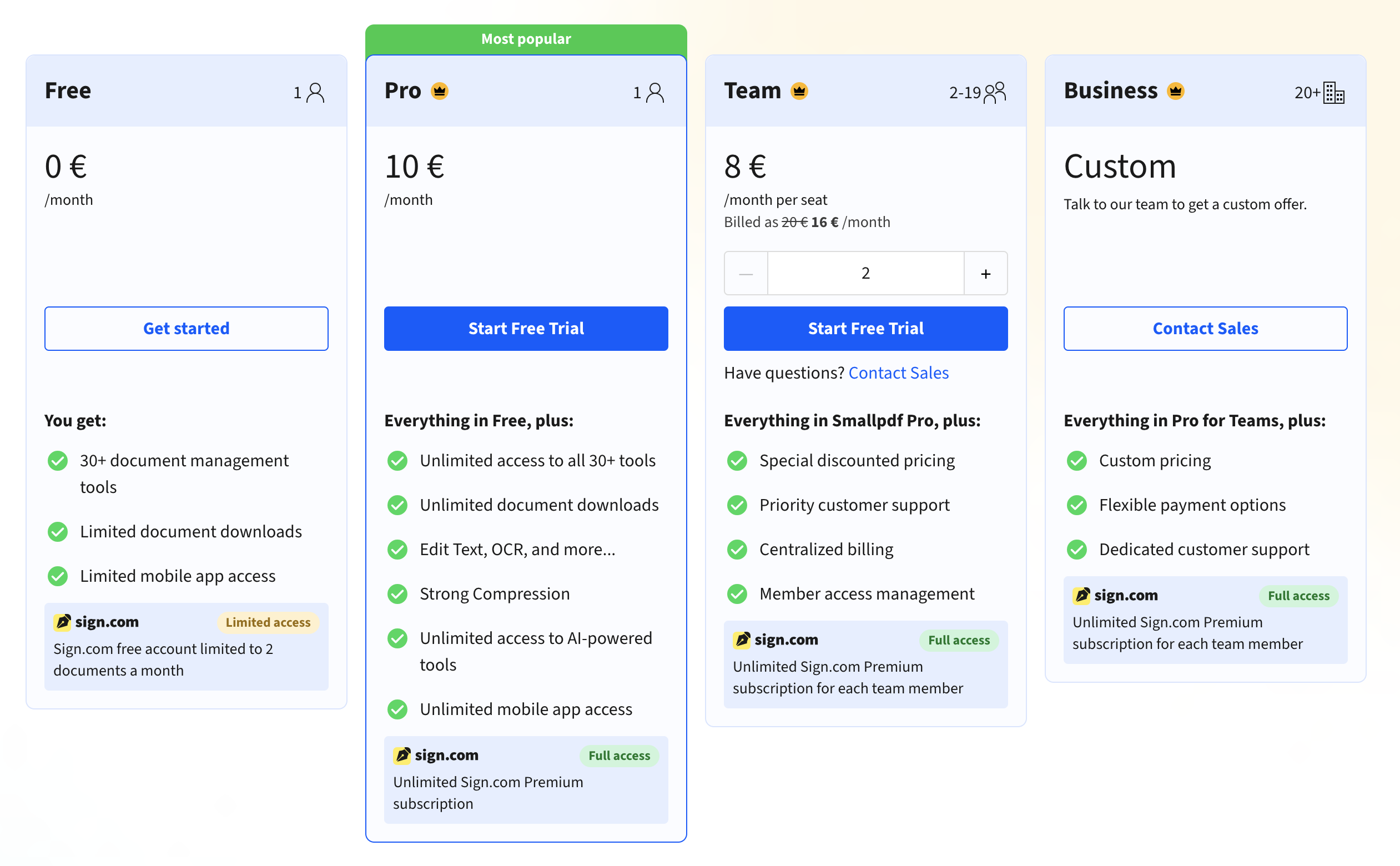 Screenshot pricing of SmallPDF