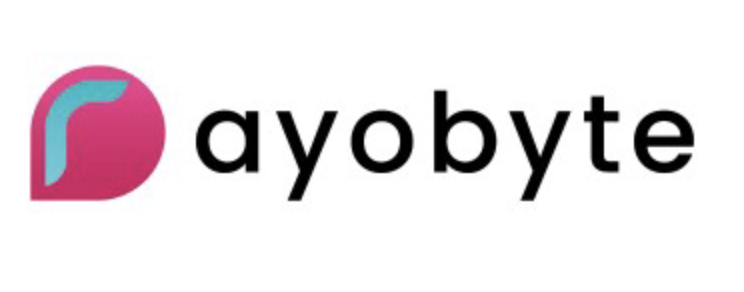Write in turquoise blue in a Rose logo and ayobyte write in black, all on a white background.