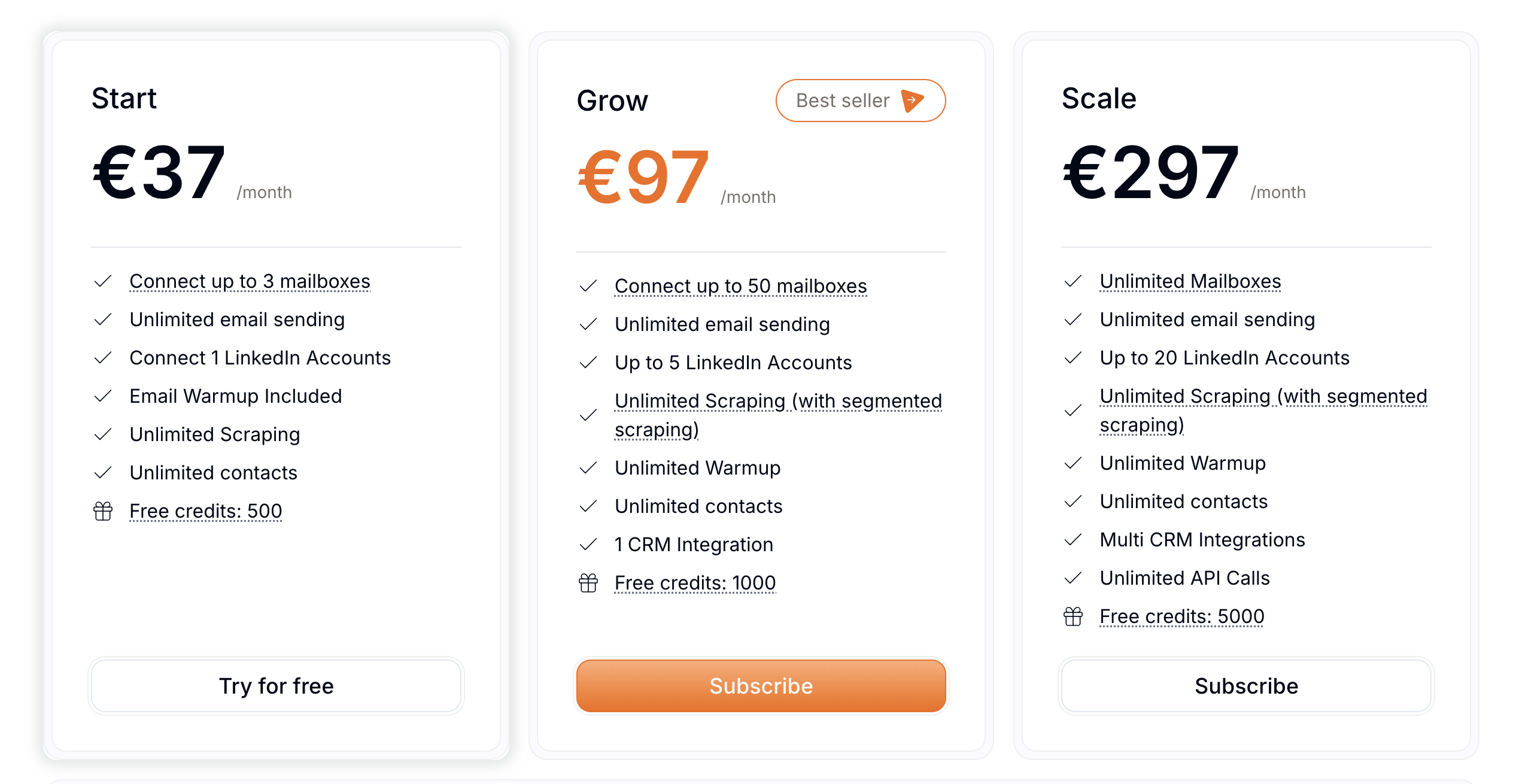 Screenshot of emelia's prices