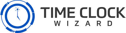blue clock design and Time Clock Wizard written in black on a white background
