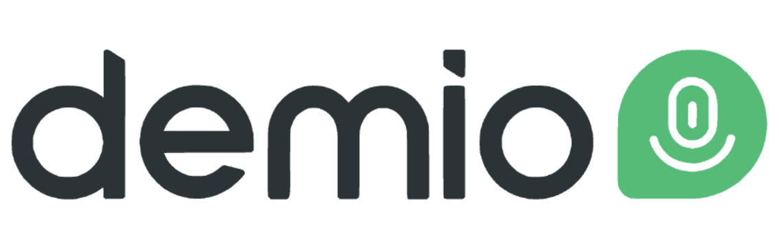 Demio written in black on a white background with a microphone in a green bubble next to it.