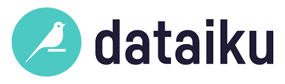Dataiku is written in black on the left side of a round green logo with a small white bird inside.