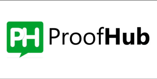 ProofHub writes in black on the left in a green rectangle a P and an H.