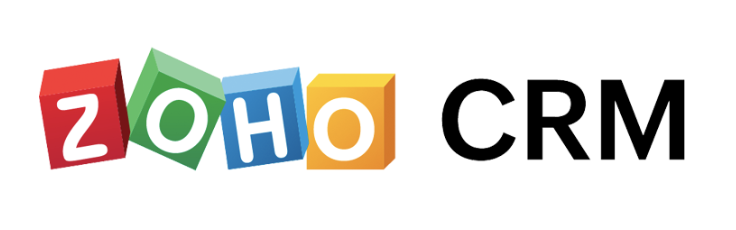 Each letter of ZOHO is written in a colored cube (yellow, red, green, and blue) with CRM in black, all on a white background.