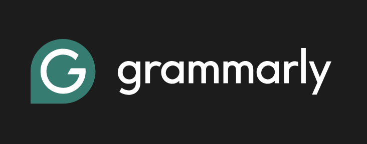 Grammarly writes in white on a black background with a white G in a green bubble next to it.
