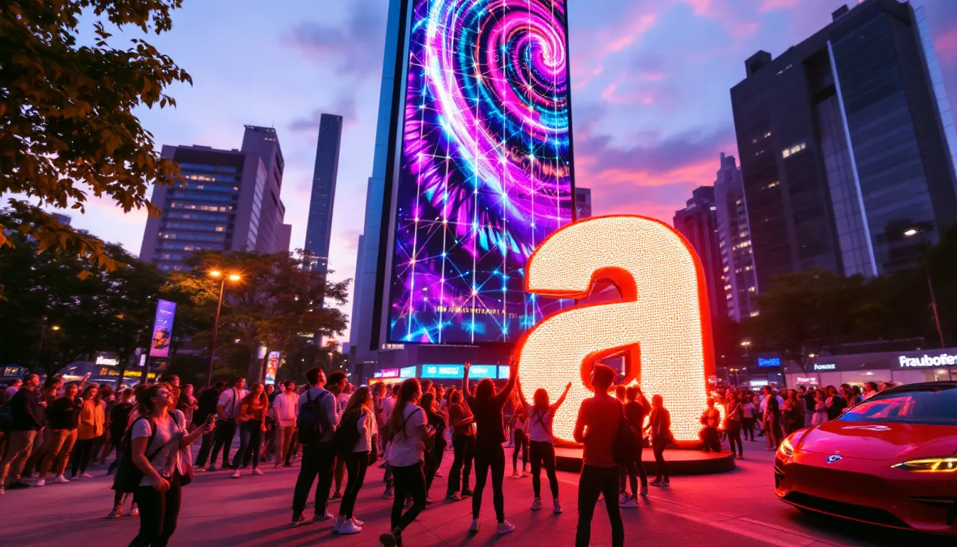 Image of a city with skyscrapers, one of which is covered in colorful drawings. In front of the skyscraper, there is a huge lowercase letter A and a crowd of people watching.